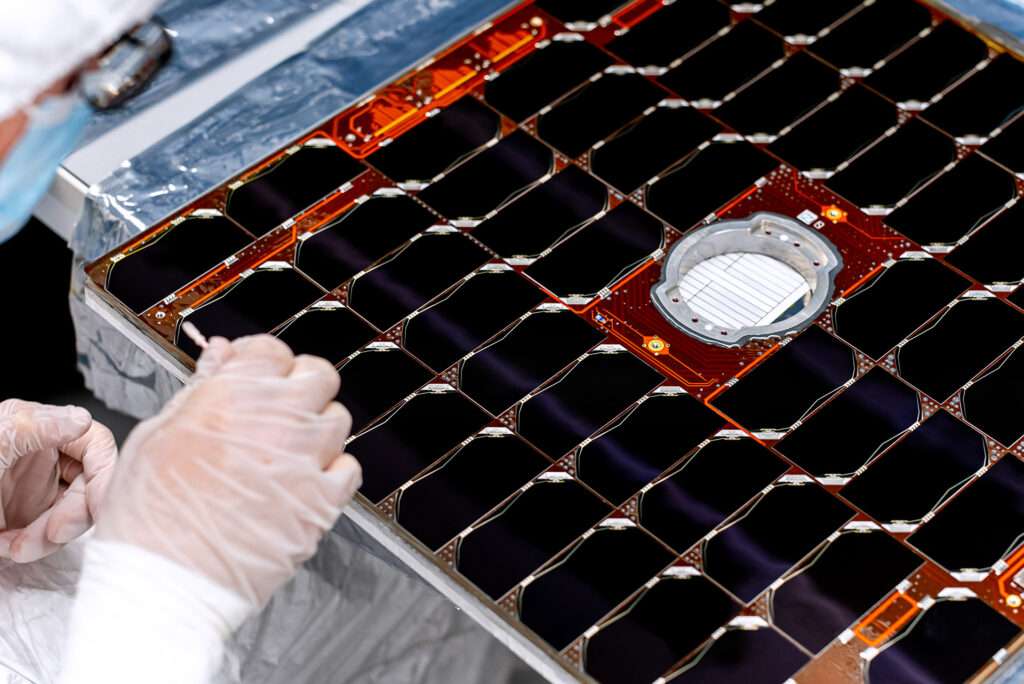 Satellite solar panel manufacturing for Kongsberg NanoAvionics MP42 microsatellite.